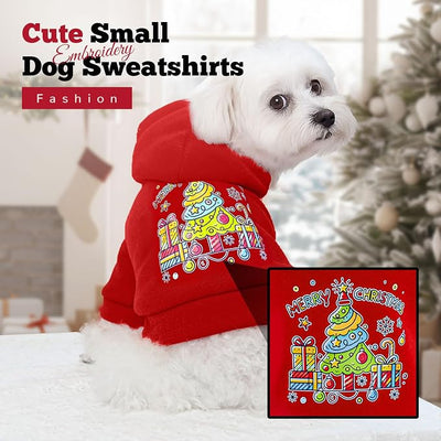 ABRRLO Small Dog Hoodie Clothes Red Christmas Dog Outfit Warm Fleece Dogs Sweater for Small Dogs Cat Boy Girl Cute Puppy Sweatshirt with Leash Hole Xmas Doggy Costume Chihuahua Yorkie(Xmas Tree,XL)