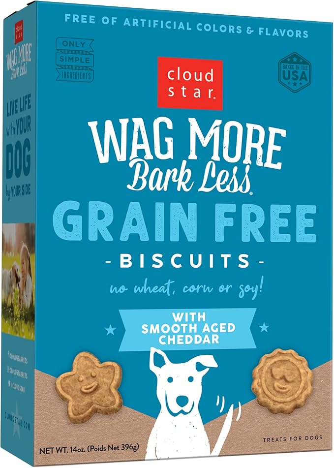 Wag More Bark Less - Dog Treats - Crunchy Biscuits - Grain Free Cheddar Cheese - 14 oz Box