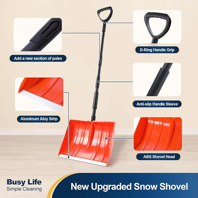 Yocada Snow Shovel for Driveway Home Garage Snow Removal | Aluminum Strip with D-Grip Handle 55 inch Long Large Capacity Shovel for Garden Car Camping Outdoor Orange
