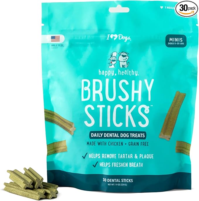 Brushy Sticks - Dental Treats for Dogs Removes Plaque and Tartar Buildup - Grain-Free Dog Teeth Cleaning Chews Made with Chicken - 30 Mini Sticks