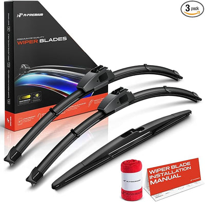 A-Premium 22"+22"+14" Windshield Wiper Blades with Wear Indicator & Towel | Compatible with Saab 9-5, 9-7x & Isuzu Ascender, Front Rear Wipers Blade Set for Hook/Snap Claw Arm, Pack of 3