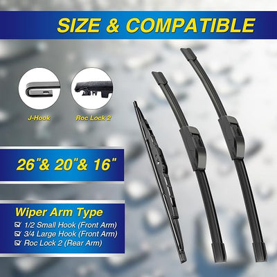 5 PLUS® Windshield Wipers Replacement for Dodge Grand Caravan 2020-2008,Silicone Water Repellent Wiper Blades-26"/20"/16"(Set of 3), OEM Fit HOOK ARM, All-Season, Easy Installation