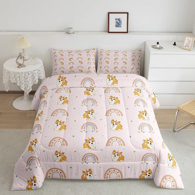 Dog Comforter Set for Kids, Cute Pug Rainbow Bedding Set Twin, Cartoon Love Heart Down Comforter for Boys Girls Children Bedroom, Cartoon Animal Puppy Quilted Duvet 2Pcs with 1 Pillow Case, Pink