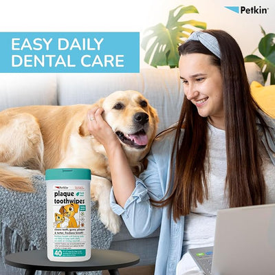 Petkin Cat and Dog Dental Wipes, 80 Wipes (Fresh Mint) - Natural Formula Cleans Teeth, Gums & Freshens Breath - for Daily Use - Convenient Dog Dental Care - 2 Packs of 40 Wipes (80 Wipes Total)