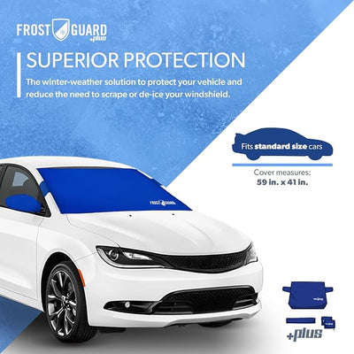 FrostGuard Plus | Winter Windshield Cover for Ice and Snow, Standard Size (Indigo) - Built-in Security Panels, Wiper Blade Coverage + Mirror Covers - Fits Standard Size Cars, 59 x 41 Inches