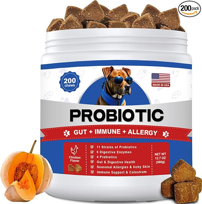 Probiotics for Dogs Gut Digestive Health Probiotic Chews for Dogs with 11 Billion CFUs, 4 Prebiotics, Pumpkin, Salmon Oil & Yogurt Base| Supports Gas, Yeast Balance & Immune, Dog Probiotics 200ct