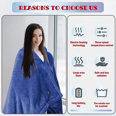 Portable Battery Powered Heated Blanket with 10000mAh Power Bank – Electric Wearable Throw Shawl, 3 Heat Levels, Fast Heating Cordless Blanket for Camping, Travel, Office or Outdoor Activities