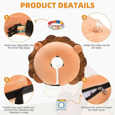 KOOLTAIL Inflatable Dog Cone Collar, Soft Donut E Collar for Dogs After Surgery to Stop Licking Enhanced Alternative, Blow Up Pet Neck Pillow Recovery Adjustable Cone for Dog Cat, Upgrade Size, Lion M