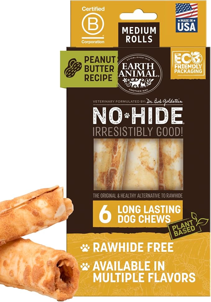No Hide Chews - Long Lasting Rawhide Free Medium Dog Chews Rolls, Peanut Butter - 6 Count