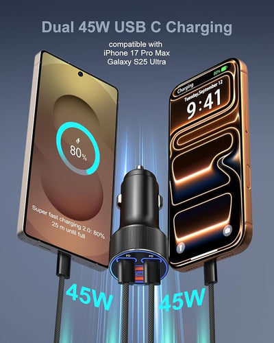 Super Fast Type C Car Charger, [2Pack] Besgoods Dual 45W USB C 4-Port Cigarette Lighter Adapter for Galaxy S26 S25 Ultra FE S24 S22 iPhone 17 16 15 Pro Max, with 6ft Braided USB C to C Cable