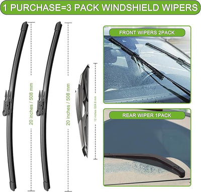 PARRATI® Windshield Wiper Blades for Ford Escape 2008-2012, 3 Pack | 20/20 Inch Front +12 Inch Rear, OEM Replacement, Ultra Quiet, No Streaks All Weather Wiping