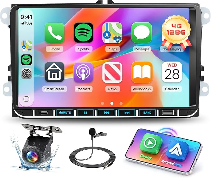 Car Stereo 4G+128G for VW Golf 5 6 Polo Passat Tiguan T5 Transporter Seat Leon, 9 Inch Touch Screen Radio GPS with Wireless Carplay Android Auto, Bluetooth DSP WiFi FM RDS,Camera