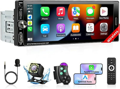 Single Din Radio Car Stereo with Wireless Carplay & Android Auto, 6.9" IPS Touchscreen Car Stereo with Bluetooth 1080P Backup Camera Mirror Link Navigation AM/FM Type-C Fast Charging USB EQ SWC Mic