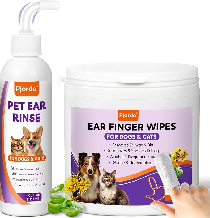 Pjordo Pet Ear Cleaner Set - Dog Ear Cleaner with Aloe Vera & Witch Hazel, Dog & Cat Ear Cleaner Solution for Soothing Ear Itching & Deodorize, Ear Wipes for Dogs & Cat Gently Removing Ear Wax & Dirt