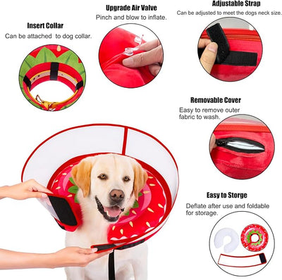 Inflatable Dog Cone Collar for Large Medium Small Dogs, Soft Dog Donut Collar Adjustable Recovery Cone for Pets After Surgery, Extra Enhanced Anti-Licking Guard Shield for Pets (X-Large, Strawberry)