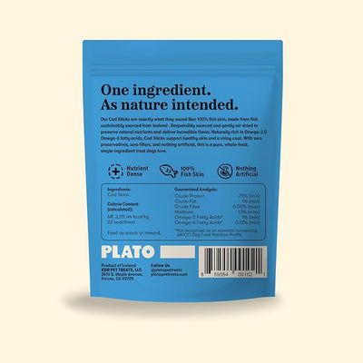 Plato Single Ingredient Wild-Caught Cod Skin Bites Dog Treats, Air-Dried Omega-Rich Skin & Coat Support, 10 oz