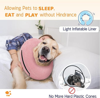 Supet Inflatable Dog Cone Collar for Dogs to Stop Licking, Dog Donut Collar After Surgery, Soft Pet Cone for Small Medium Large Dogs Pink 02 XL