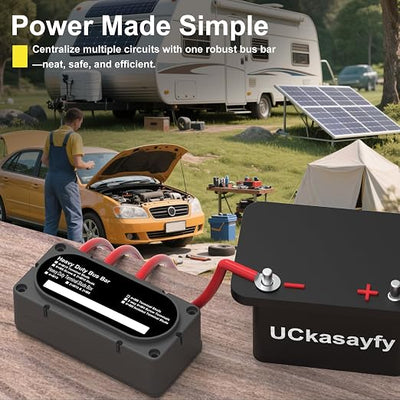 Heavy Duty Bus Bar 300A 12V Power Distribution Block with 5/16" (M8) 4-Posts Terminals Block with Cover for Automotive, Marine, Battery System (Black)
