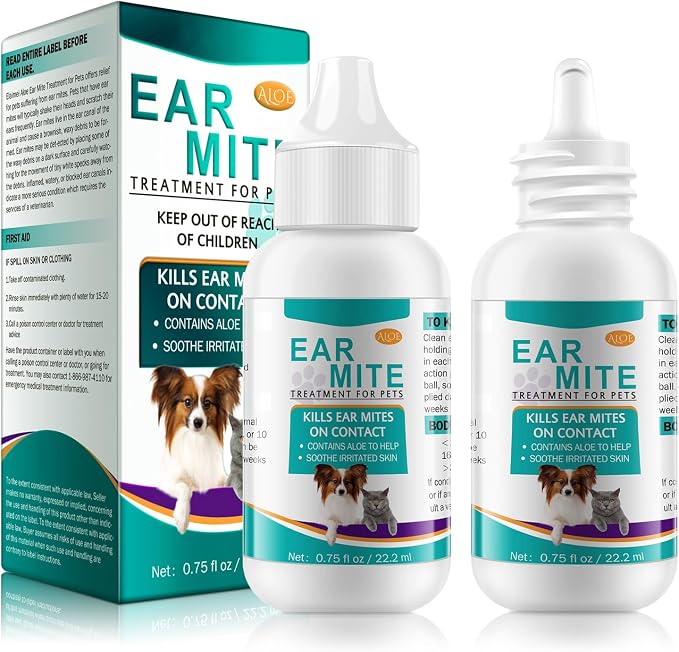 2Pack Ear Mite Treatment for Dogs and Cats,Dog Ear Infection Treatment,Aloe Ear Mite,Safe for Pets | 12+ Weeks | 0.75 fl oz 22.2ml