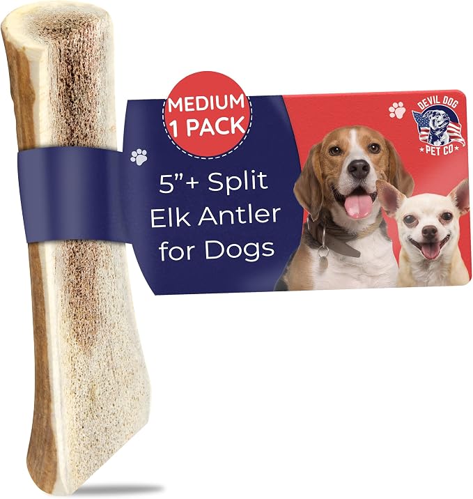 Split Elk Antlers for Dogs, Natural Dog Chew with Exposed Marrow - Long Lasting and Odor Free - USA Sourced - Cleaner Teeth, Anxiety & Boredom Relief - Medium 5"+ - Antler Bone
