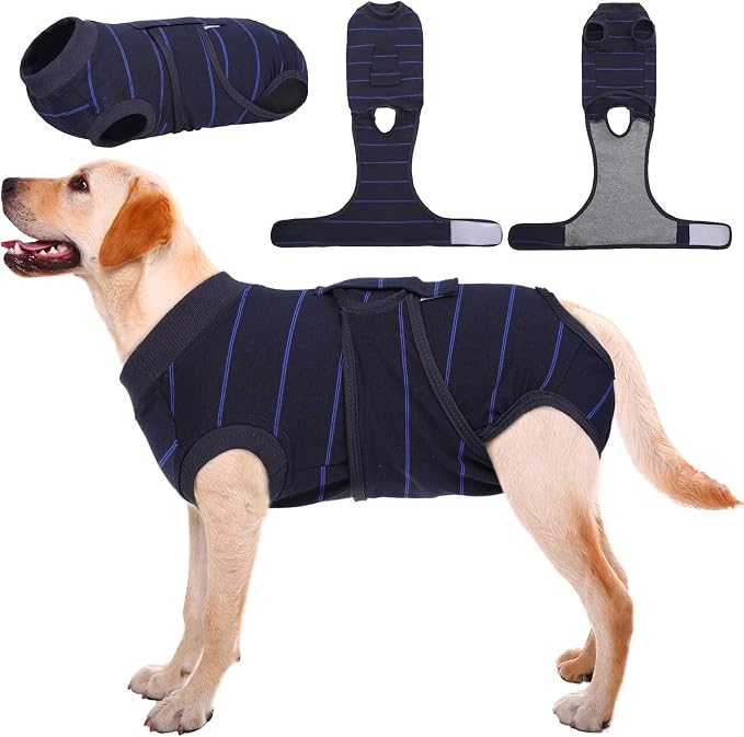 Dog Surgery Recovery Suit, Soft Breathable Dog Recovery Suit for Female Spay Male Nueuter, Anti Licking Puppy Onesie Pet Surgical Suit for Dogs Abdominal Wounds Skin Disease, Blue Strips 2XL