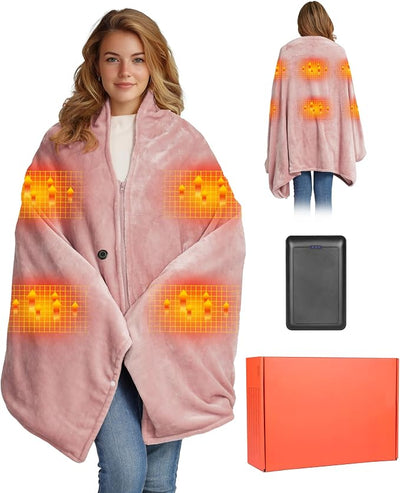 Heated Blanket Battery Operated with Fleece Lining 7.4V 16000mAh Battery 62" x 35" Heated Shawl Wraps for Women Men Cordless USB Outdoor Portable Electric Blanket 6 Heating Zones Rose