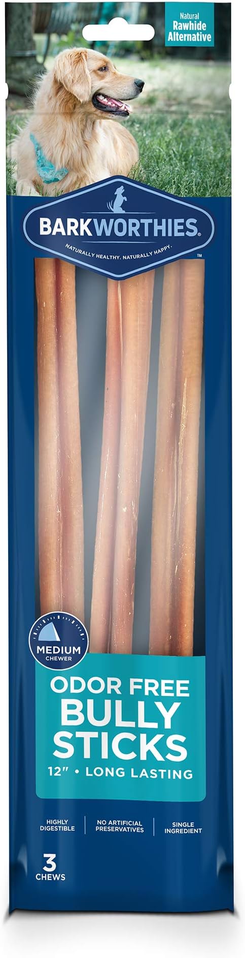 Odor-Free 12 Inch Bully Sticks - 3 Count (Pack of 1) - Protein-Packed, Easily Digestible, All-Natural Rawhide Alternative, Supports Dental Health