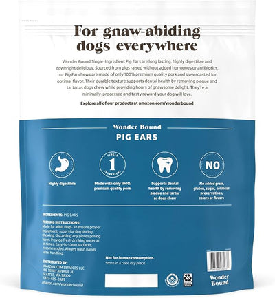 Amazon Brand - Wonder Bound Whole Pig Ears, Ingredient, Highly Digestible, Dog Treats for Puppy and Large/Medium Dogs, Pork, 12.7 Ounce, 18 Count (Pack of 2)
