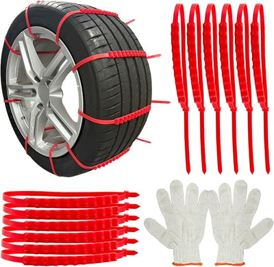 12PCS Car Snow Tire Chains, Reusable Portable Plastic Adjustable Snow Chains, Anti-Skid Zip Ties for Mud Mountain Road, Car Emergency Traction Cables for Safety Winter Driving (Red)