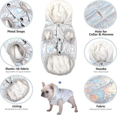 SAWMONG Waterproof Dog Winter Coat, Warm Fleece Lined Dog Jacket with Hood, Windproof Puppy Coat, Pet Apparel Vest for Outdoor&Indoor Winter Activities(Silver,XS)