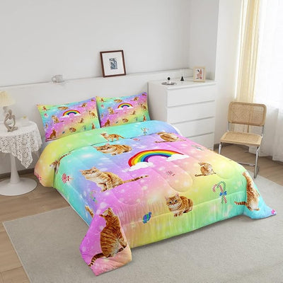 Erosebridal Cat Comforter Set, Starry Sky Bedding Set Queen for Girls Kids Boys Bedroom Decor, Rainbow Galaxy Down Comforter, Soft Breathable Microfiber Quilted Comforter with 2 Matching Pillowcases