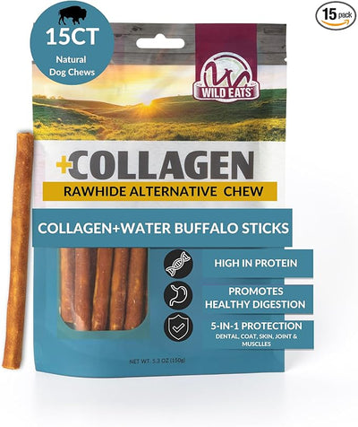 Wild Eats Water Buffalo Collagen Sticks for Dogs (15 Pack, 1 cm Wide) Long Lasting Dog Chews, No Hide Dog Treat Bully Stick Alternative, Rawhide Free, Grain Free, High Protein