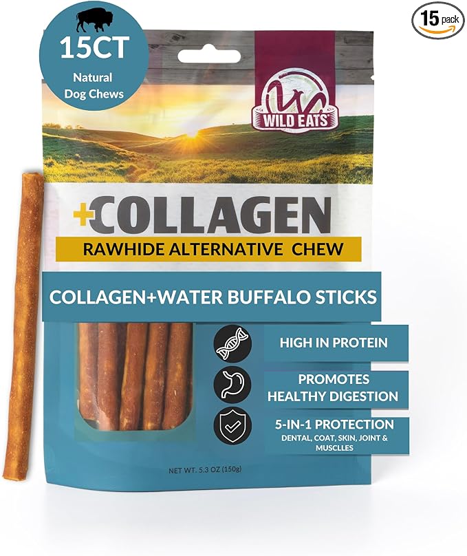 Water Buffalo Collagen Sticks for Dogs (15 Pack, 1 cm Wide) Long Lasting Dog Chews, No Hide Dog Treat Bully Stick Alternative, Rawhide Free, Grain Free, High Protein