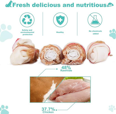 Chicken Wrapped Rawhide Bones, 2.5 Inch Mini Knots Dog Treats, High Protein 65% Puppy Chews and Satisfying Rewards for All Breeds, 8 Ounces
