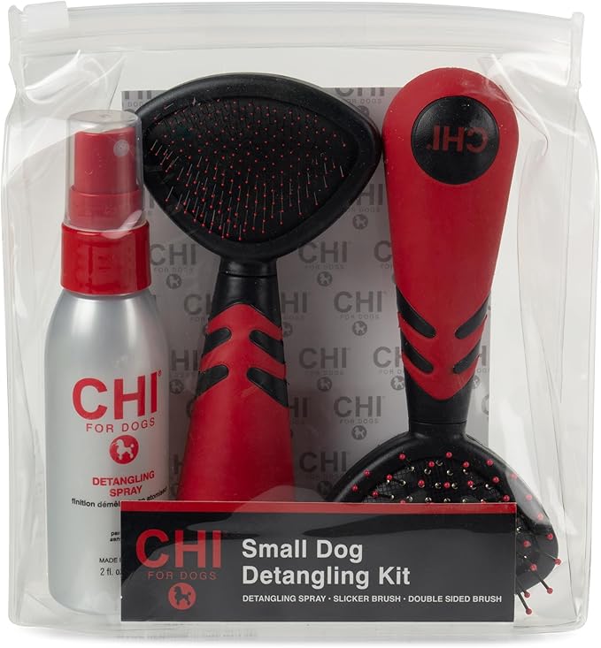 CHI for Dogs Small Dog Detangling Kit, 3-Piece Grooming Set with Detangling Spray, Slicker Brush, and Double-Sided Pin-and-Bristle Brush for Small Breeds with Tangles and Mats, Includes Zipper Pouch