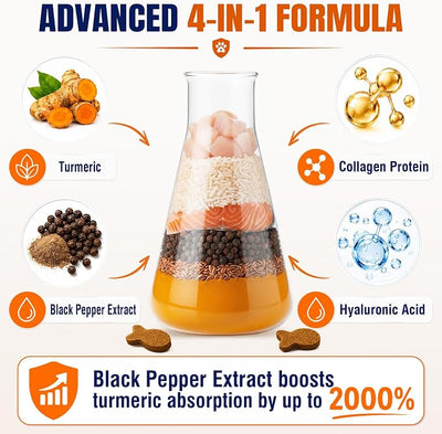 New Upgrade 4 in 1 Advanced Joint Supplement for Dogs Anti Inflammatory Pain Relief Joint Health Turmeric Collagen Hyaluronic Acid Pepper Cartilage Joint Lube All Dog Breeds Chicken 150 Chews