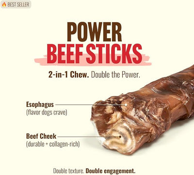 Natural Farm Power Beef Sticks Dog Chews (6”, 5-Pack), 2-in-1 Power Chews: Premium Bully Cheek Wrapped in Beef Esophagus for Double Chewing Time, Promotes Dental Health, Great for Medium Dogs