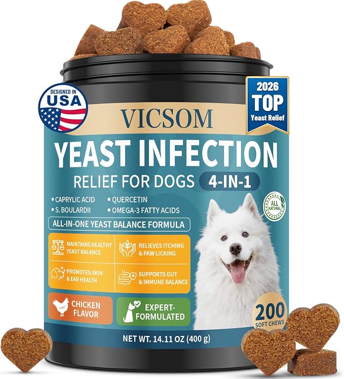 Yeast Infection Treatment for Dogs, 200 Soft Chews Natural Anti Yeast Support Itchy Skin Paw Licking Ear Odor Allergy Relief for Dogs, Caprylic Acid + Probiotics, Chicken Flavor All Breeds
