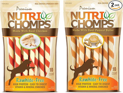 NutriChomps Dog Chews 5-inch Twists, Easy to Digest, Rawhide-Free Dog Treats, Real Peanut Butter Flavor & Real Chicken Flavor (NT112V) - 10 Count (Pack of 2)