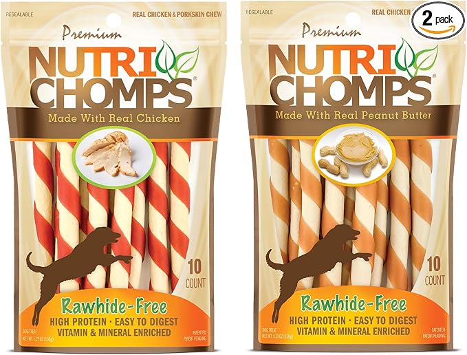 NutriChomps Dog Chews 5-inch Twists, Easy to Digest, Rawhide-Free Dog Treats, Real Peanut Butter Flavor & Real Chicken Flavor (NT112V) - 10 Count (Pack of 2)