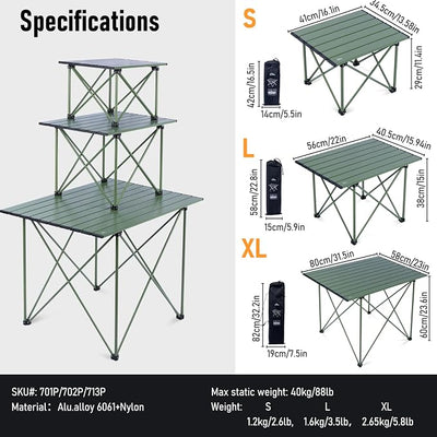 iClimb Ultralight Compact Camping Folding Table with Carry Bag (Reinforced Green - L)