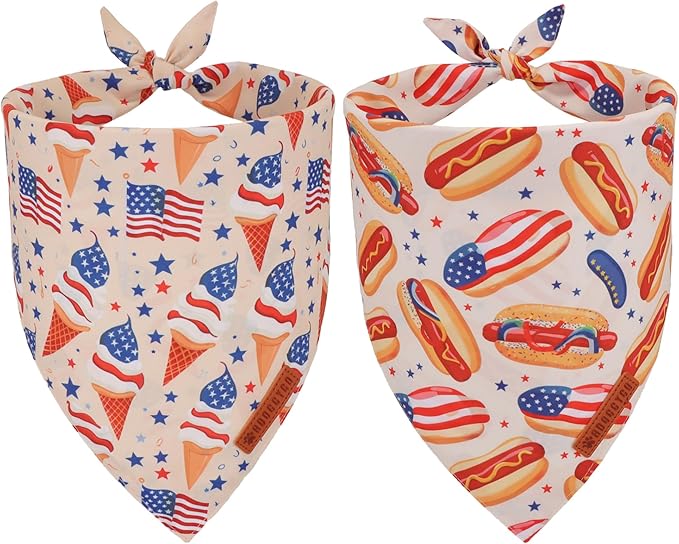 American Flag Dog Bandana, Ice Cream Hamburg Flag Pet Scarf, Premium Durable Fabric, Patriotic 4th of July Bandanas for Small Dogs Pets (Small)