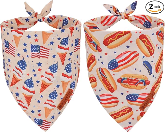 American Flag Dog Bandana, Ice Cream Hamburg Flag Pet Scarf, Premium Durable Fabric, Patriotic 4th of July Bandanas for Medium Large Dogs Pets (Large)
