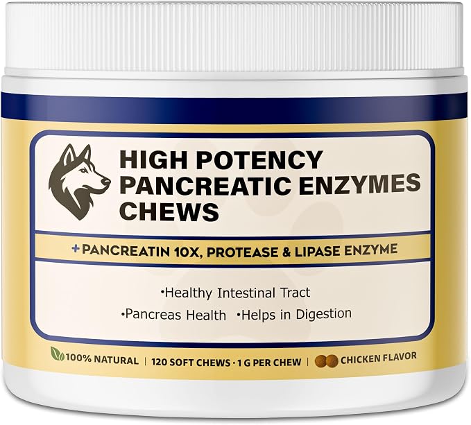 Pancreatic Enzymes for Dogs – 10X Pancreatin Digestive Enzyme Powder – Dog EPI Supplement for Pancreas Support – Helps Restore Weight, Improve Digestion & Relieve GI Stress 120 pieces – Vet Formulated