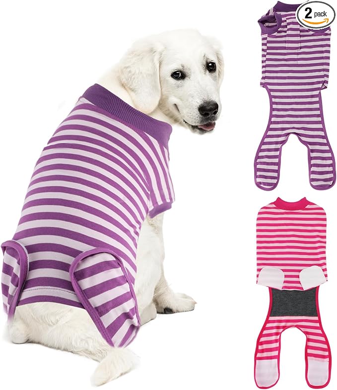 2 Packs Breathable Cotton Dog Recovery Suit for After Neuter Spay Abdominal Wounds Protector, Professional Anti-Licking Onesies for Male Female Pets Surgery Bandages, 2XL Purple & Pink Stripes