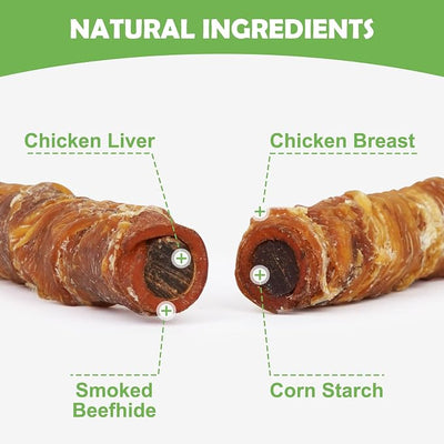 MON2SUN Dog Treats 5 Inch Chicken Wrapped Smoked Stuffed Rawhide Rolls with Chicken Liver, Rawhide Chews for Medium Dogs, 21.2 oz (12 Count)