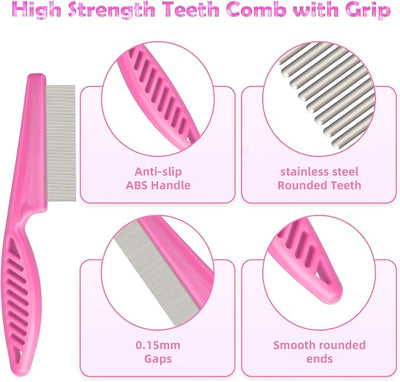 Flea Comb for Cats Dogs, 6 Pack Pet Lice Comb Set Pet Grooming Pets for Small, Medium & Large Pets（Pink）