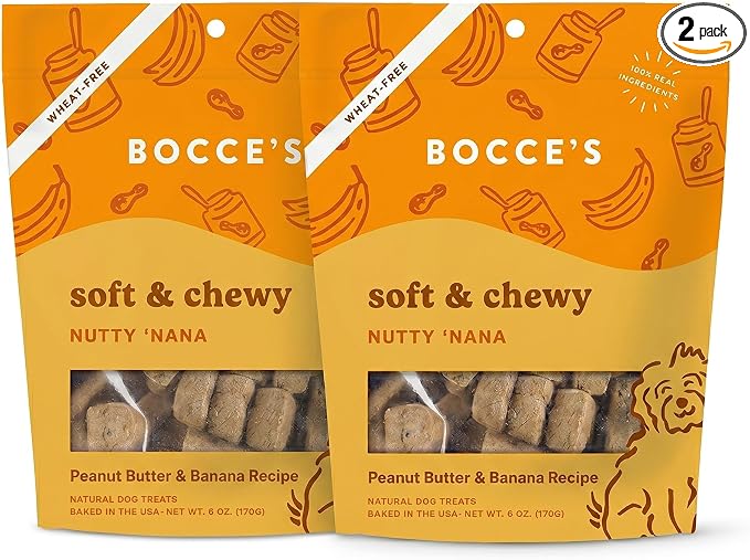 Bocce's Bakery Nutty Nana Dog Treat Bundle – Natural, Wheat-Free Soft & Chewy Cookies Made with Real Ingredients and Baked in The USA – PB, Banana & Carob Recipe (2 Pack)