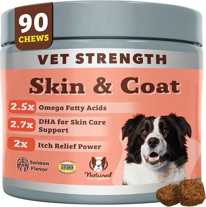Vet Strength Omega Skin & Coat Chews for Dogs – Supports Itchy Skin Relief, Moisture Balance & Coat Hydration, Biotin & Vitamin E, Dry Skin Care, Vet-Recommended, USA Made, 90 Ct