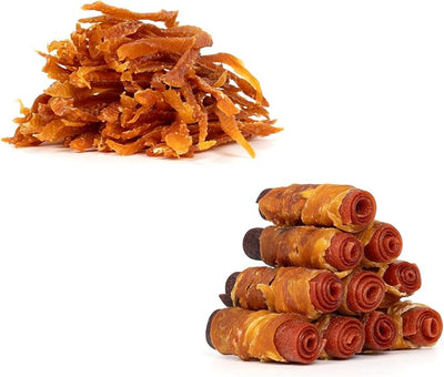 MON2SUN Chicken Jerky Strips 10.58 oz & 3 Inch Triple Flavor Chicken Wrapped Duck and Beef Rolls 10 Count for Small Dogs